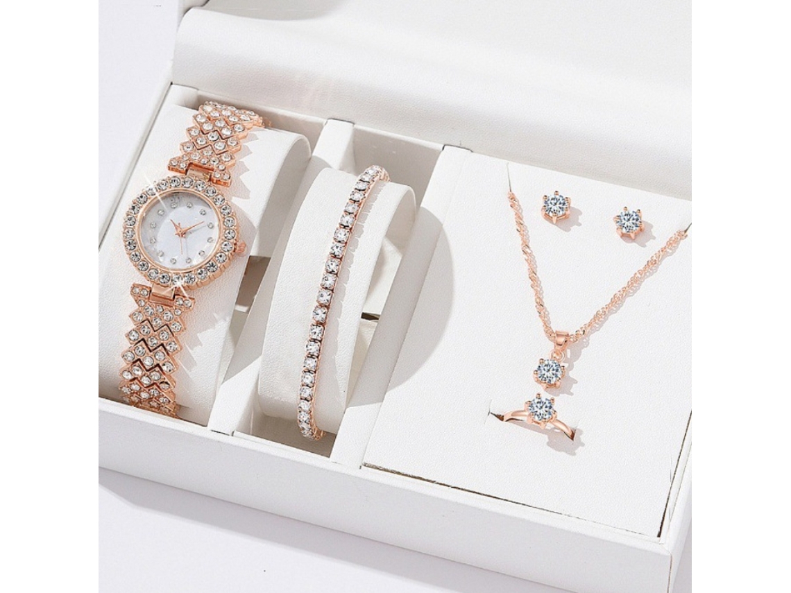 Conjunto de Presente, 5 piece Presente Feminino, Relógio de Diamantes, Colar, Pulseira, Anel, Brincos e Caixa de Presente Laranja SPQMENT (ouro Rosa)