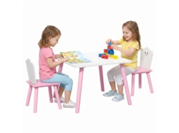 Conjunto Mesa E Duas Cadeiras De Madeira Infantil Para Desenho, Brincadeira E Estudo, Cor Rosa