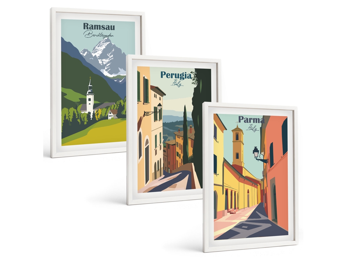 Galeria De Pinturas Murais Paisagens De Montanha E Itália Moldura Branca Fotos Para O Escritório Espelharte (3 Piezas De 40x60 Cm)