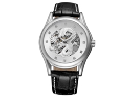 Relógio mecânico masculino Forsining, resistente à água, com mostrador prateado e pulseira preta.