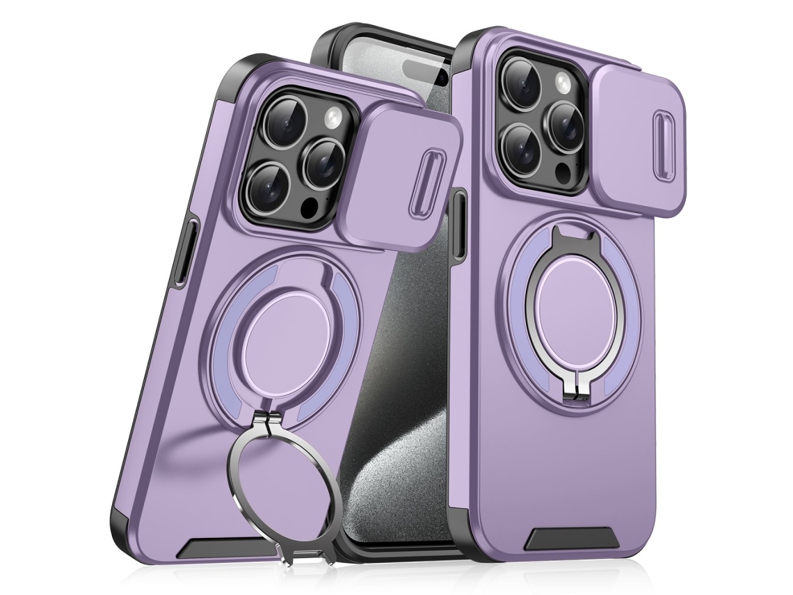 Suporte Casa Slide Câmara Para Iphone 15 Pro Max Pele Sintética Magnética Roxo
