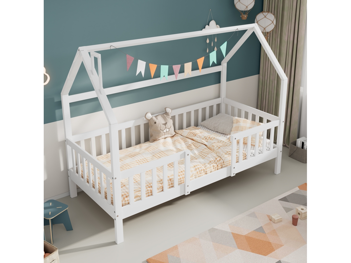 Cama de madeira estilo cabana de 90 x 200 cm com base de ripas, branca