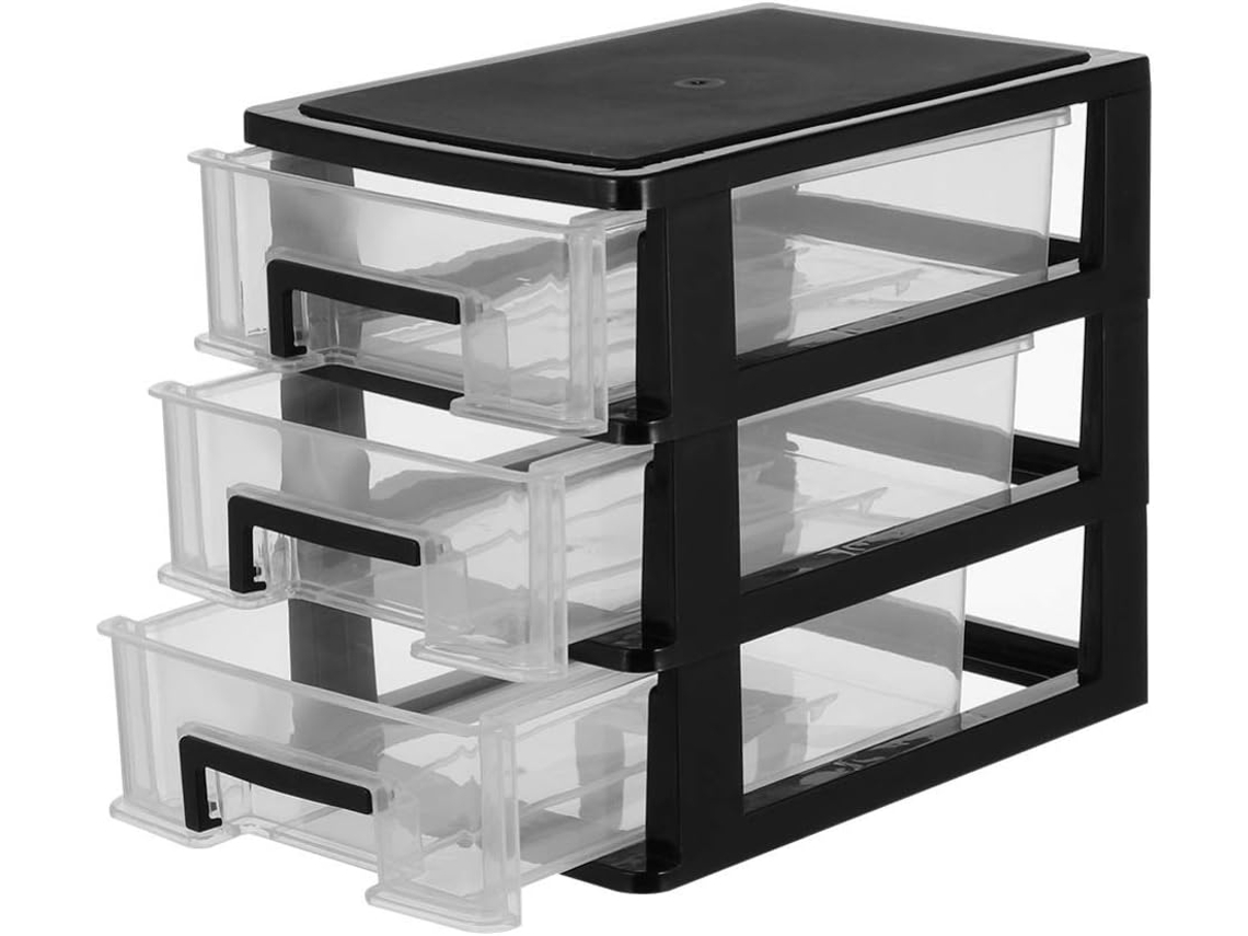 Organizador De Escritório Com 3 Gavetas, Feito De Plástico (preto E Transparente)