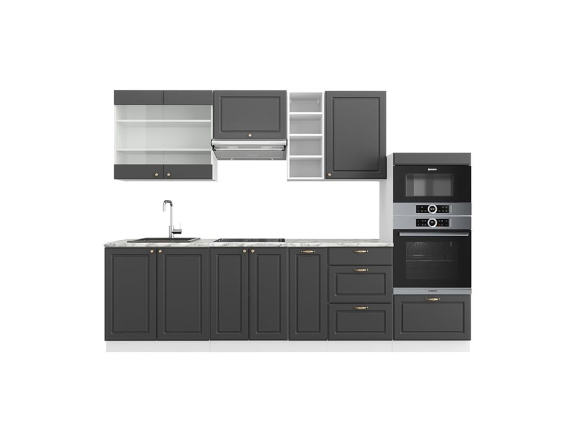 Cozinha Fame-Line, 280 cm, Mármore PT, Antracite-ouro/branco, Vicco