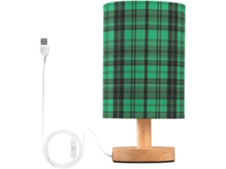 Abajur De Cabeceira Led Com Textura Xadrez Verde, Para Quarto, Com Cúpula De Tecido, Base De Madeira E Porta Usb, Ideal