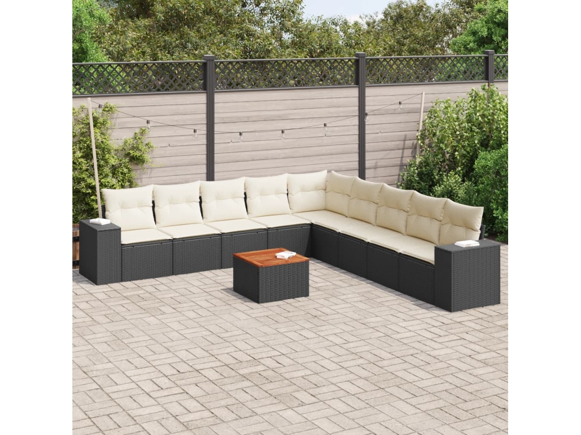 Vidaxl 10 Pcs Conjunto Sofás de Jardim C/ Almofadões Vime Pe Preto
