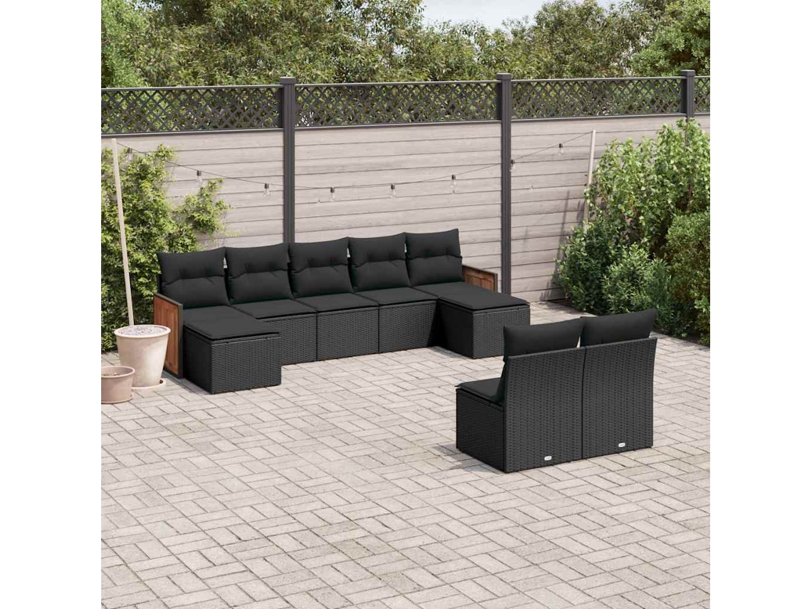 Vidaxl 9 Pcs Conjunto De Sofás P/ Jardim C/ Almofadões Vime Pe Preto