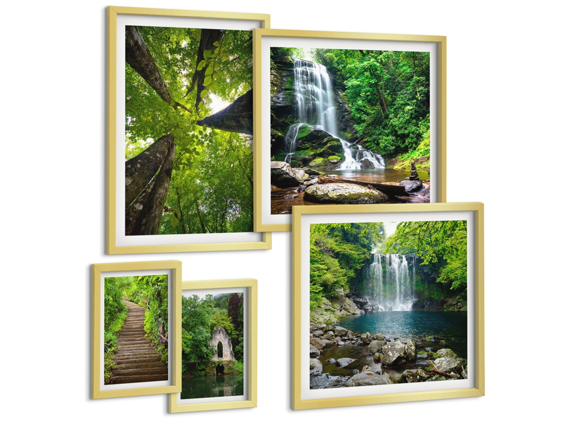 Composição De Quadros Libélulas, Grama, Água, Pintura Moldura Dourada Fotos Para O Escritório Espelharte (conjunto De 5 Imagens)