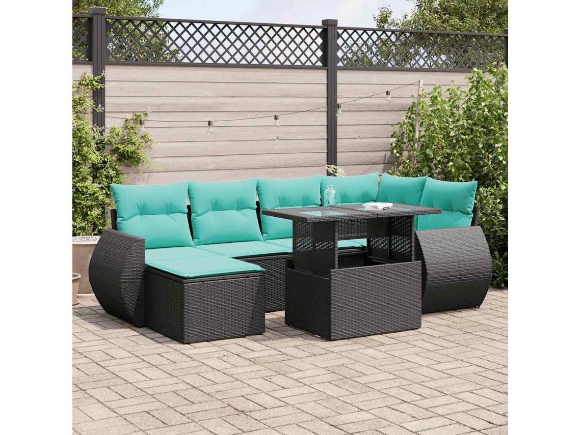 Vidaxl 7 Pcs Conjunto Sofás Jardim C/ Almofadões Vime Pe/acácia Preto