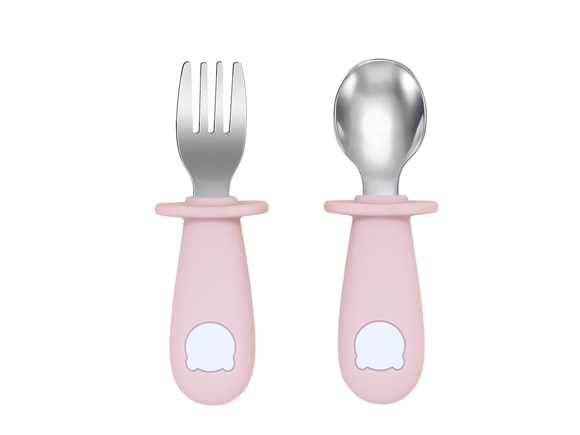 Conjunto de Talheres para Bebê , Inclui Colher e Garfo de Aço Inoxidável, Livre de Bpa. MDUG (rosa Claro)