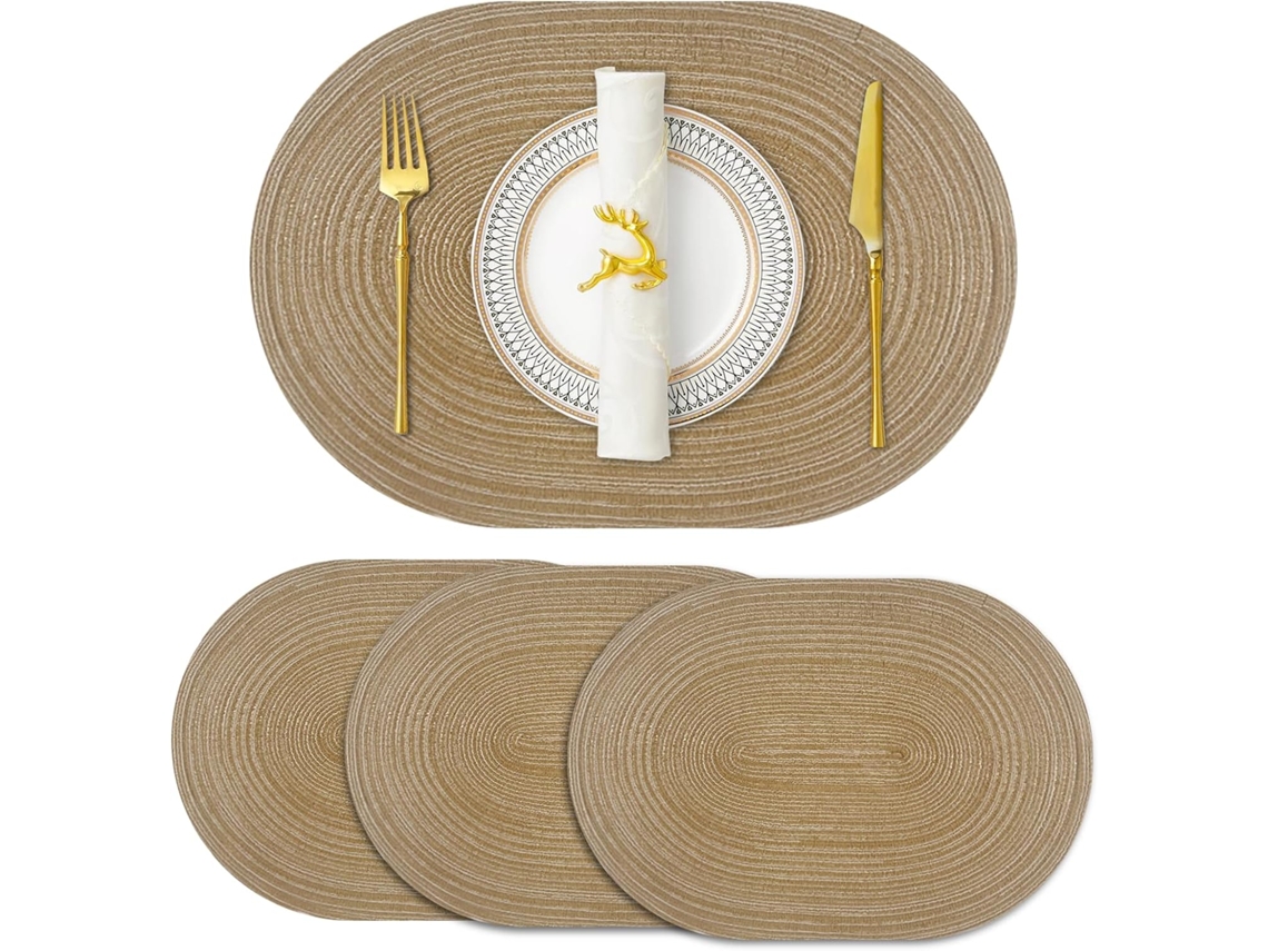 Conjunto 4 Peças - Individuais De Mesa - Tecido Entrançado - Lavável - 35,5x51 Cm - Oval - Castanho