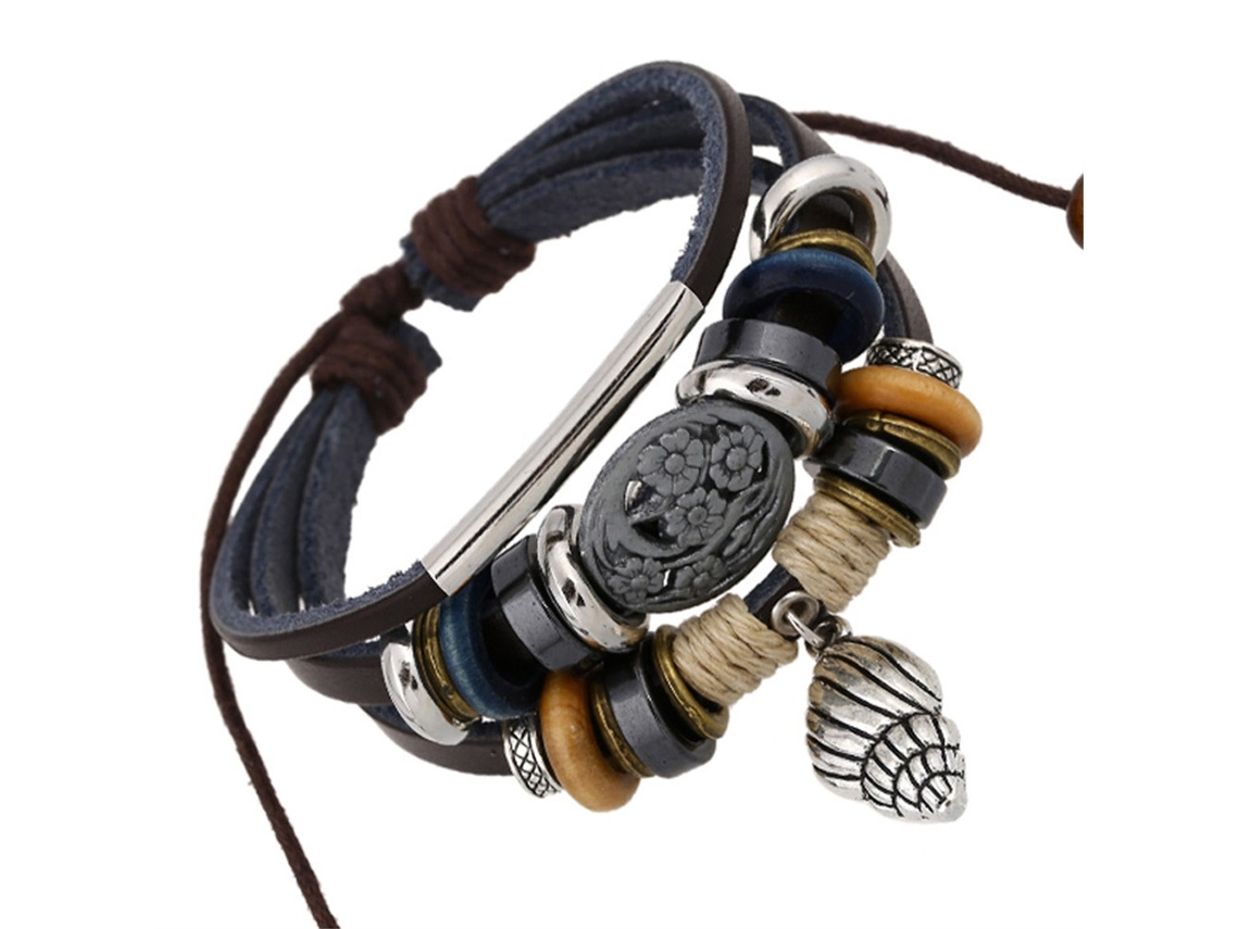 Pulseira Couro Falso Unissex Concha Punk Retro Ajustável Com Pingente