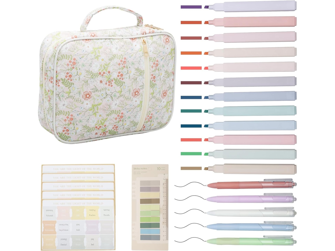 Capa Para Bíblia Feminina, Bolsa Com 5 Canetas Em Gel, 12 Marcadores