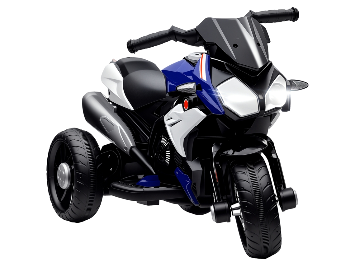 Motocicleta infantil elétrica, 3 rodas, bateria 6V, com música, buzina, faróis, 86x42x52cm, azul