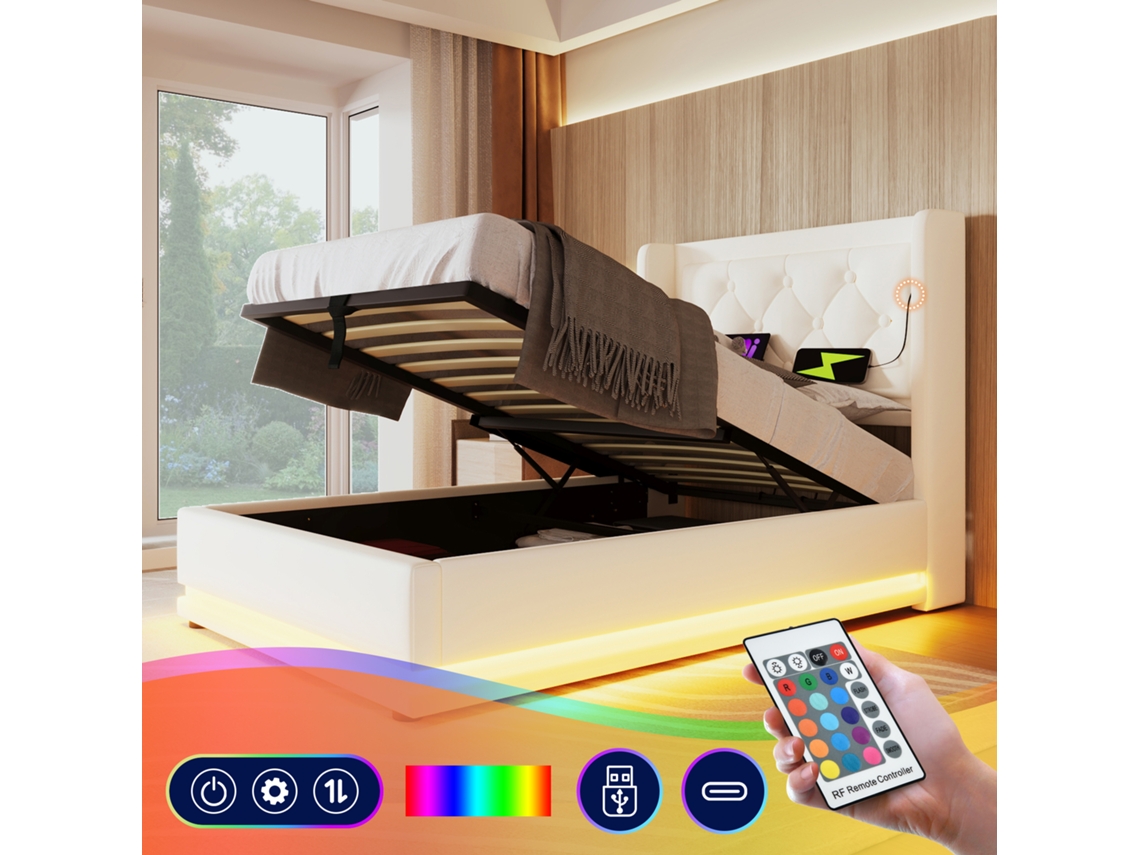 Cama Solteiro 90x200 Estofada Led Usb-c Com Baú Sem Colchão