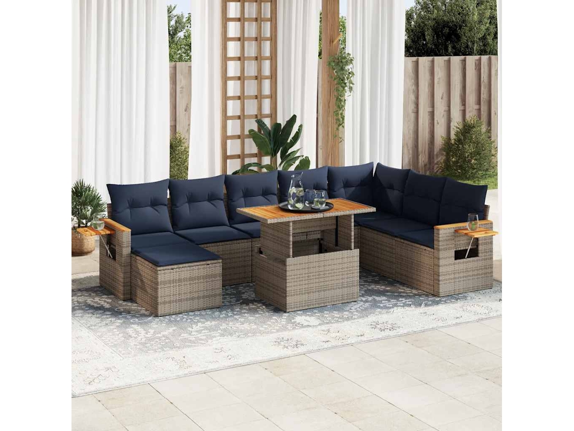 Vidaxl 10 Pcs Conjunto Sofás Jardim Almofadões Vime Pe/acácia Cinzento