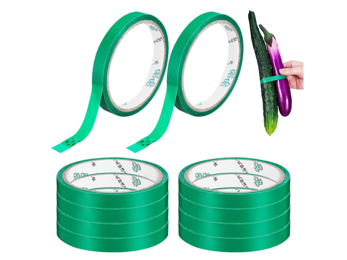 Fita adesiva de polietileno verde Inoomp para embalagens com data, ideal para frutas e verduras em supermercados.