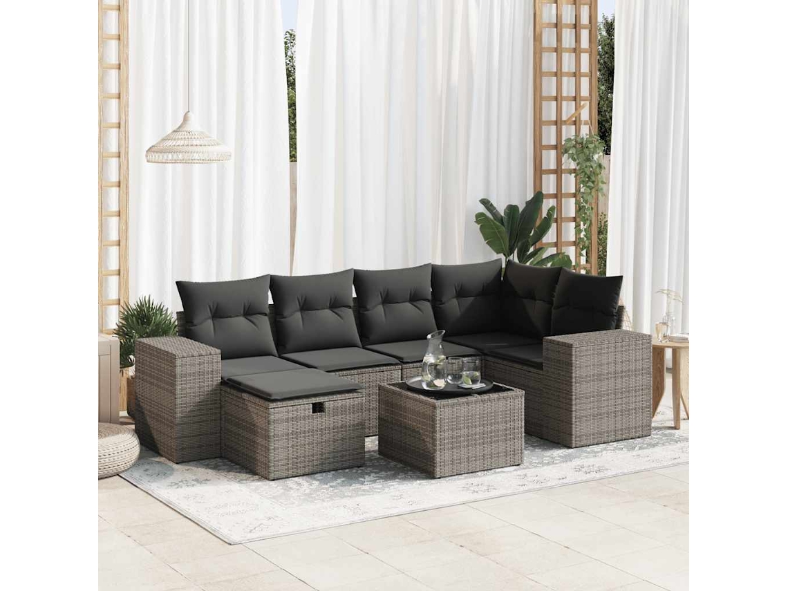Vidaxl 7 Pcs Conjunto Sofás P/ Jardim C/ Almofadões Vime Pe Cinzento