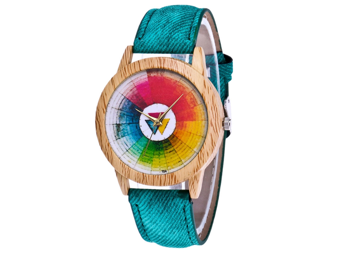Relógio de casal Zhoulianfa com movimento de quartzo, mostrador colorido e pulseira de lona verde.