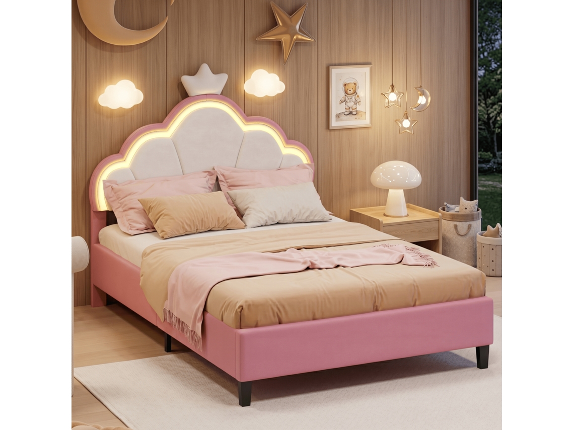 Cama Estofada Individual Infantil 90x200 Cm Design de Coroa com Iluminação Led Rgb Cabeceira de Altura Ajustável Revestida em Veludo Rosa RESETIZE