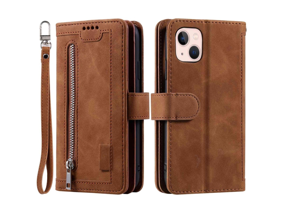 Capa Pega Para Iphone 15 Plus Pele Sintética Com Porta-cartões Castanho