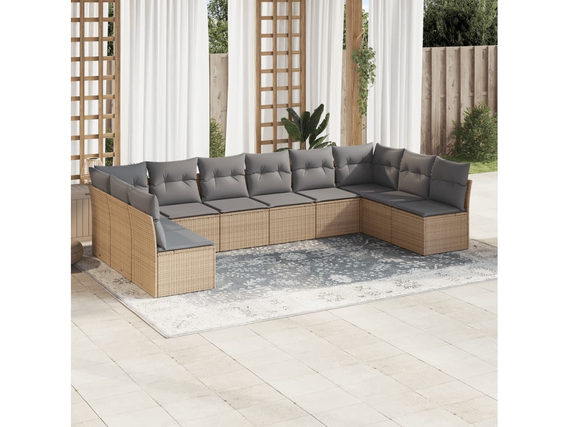 Vidaxl 10 Pcs Conjunto De Sofás P/ Jardim Com Almofadões Vime Pe Bege