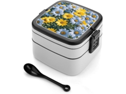 Lancheira Para Adultos Com Colher, Estampa Floral Azul E Amarela, Linda Lancheira Dupla, Empilhável, À Prova De