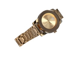 Relógio masculino minimalista com mostrador dourado e movimento de quartzo, com indicação das fases da lua.