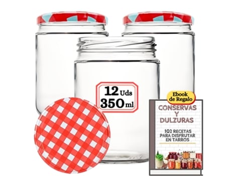 12 Frascos de Vidro de 350 Ml com Tampas de Metal E-Book com 102 Receitas para Conservas Frascos com Tampa de Rosca MUNDOTARROS