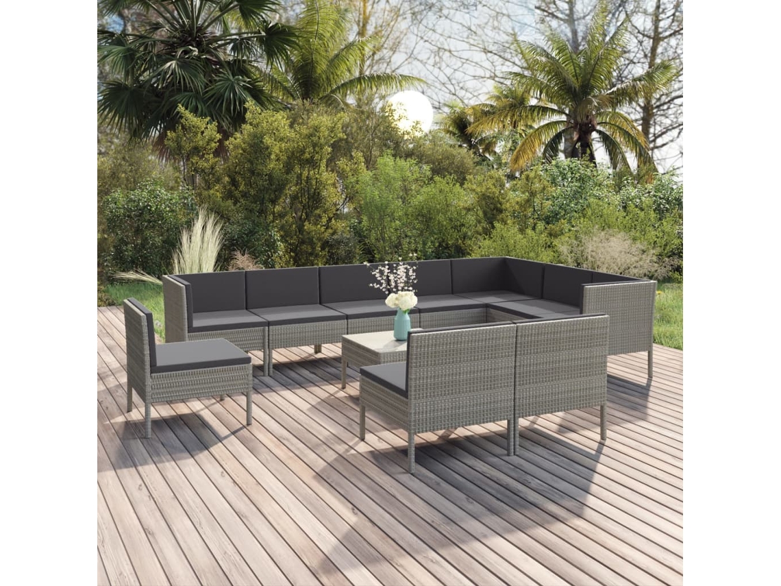 11 Pcs Conjunto Lounge De Jardim C/ Almofadões Vime Pe Cinza Dkd Home Decor