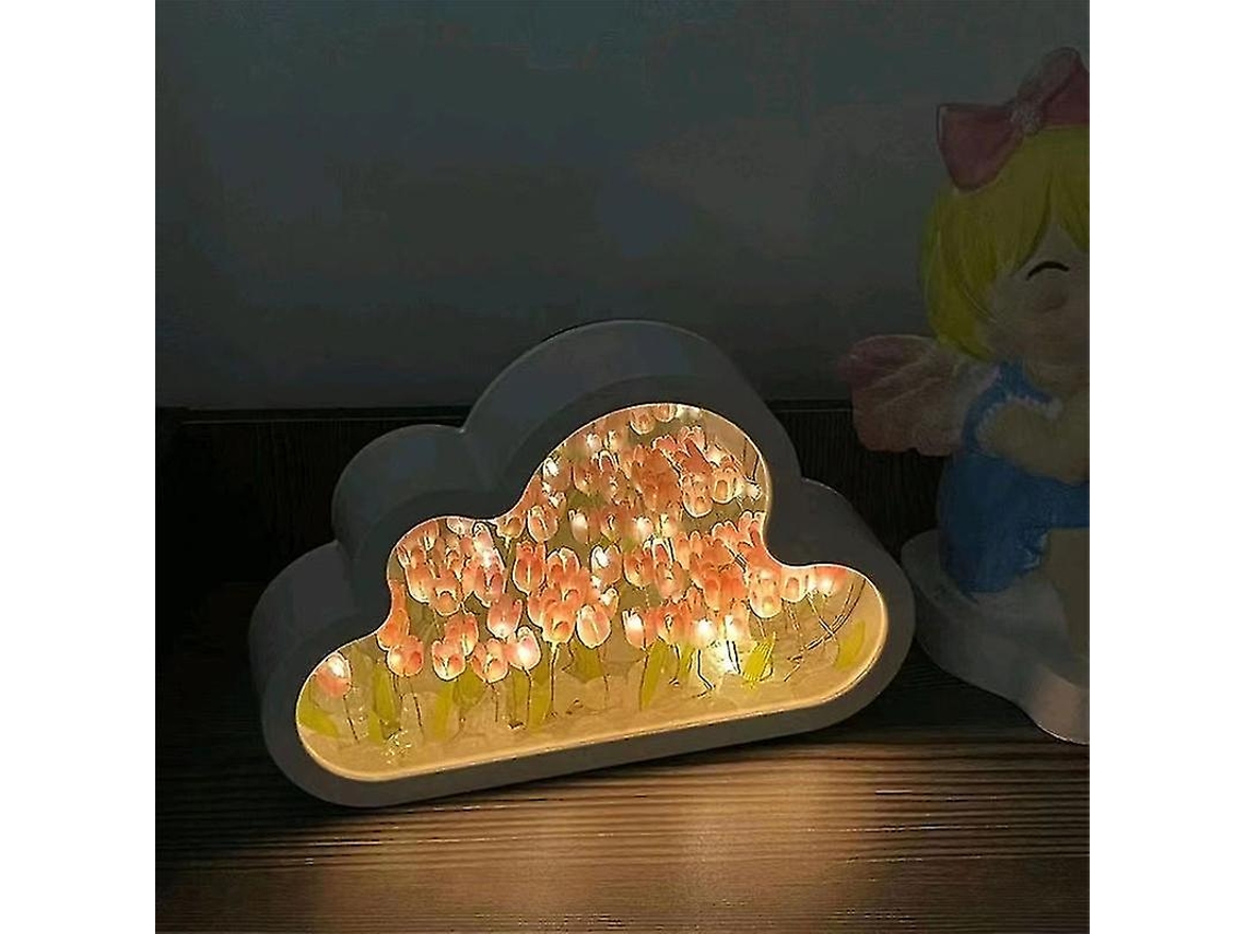 Omni lámpara de Noche de Tulipán Diy Con Espejo Nube, Flor Simulada para Dormitorio Decoración Romántica B Rosa