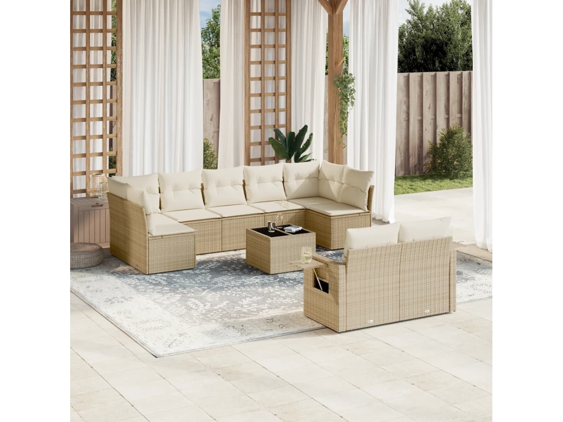 Vidaxl 10 Pcs Conjunto De Sofás P/ Jardim Com Almofadões Vime Pe Bege