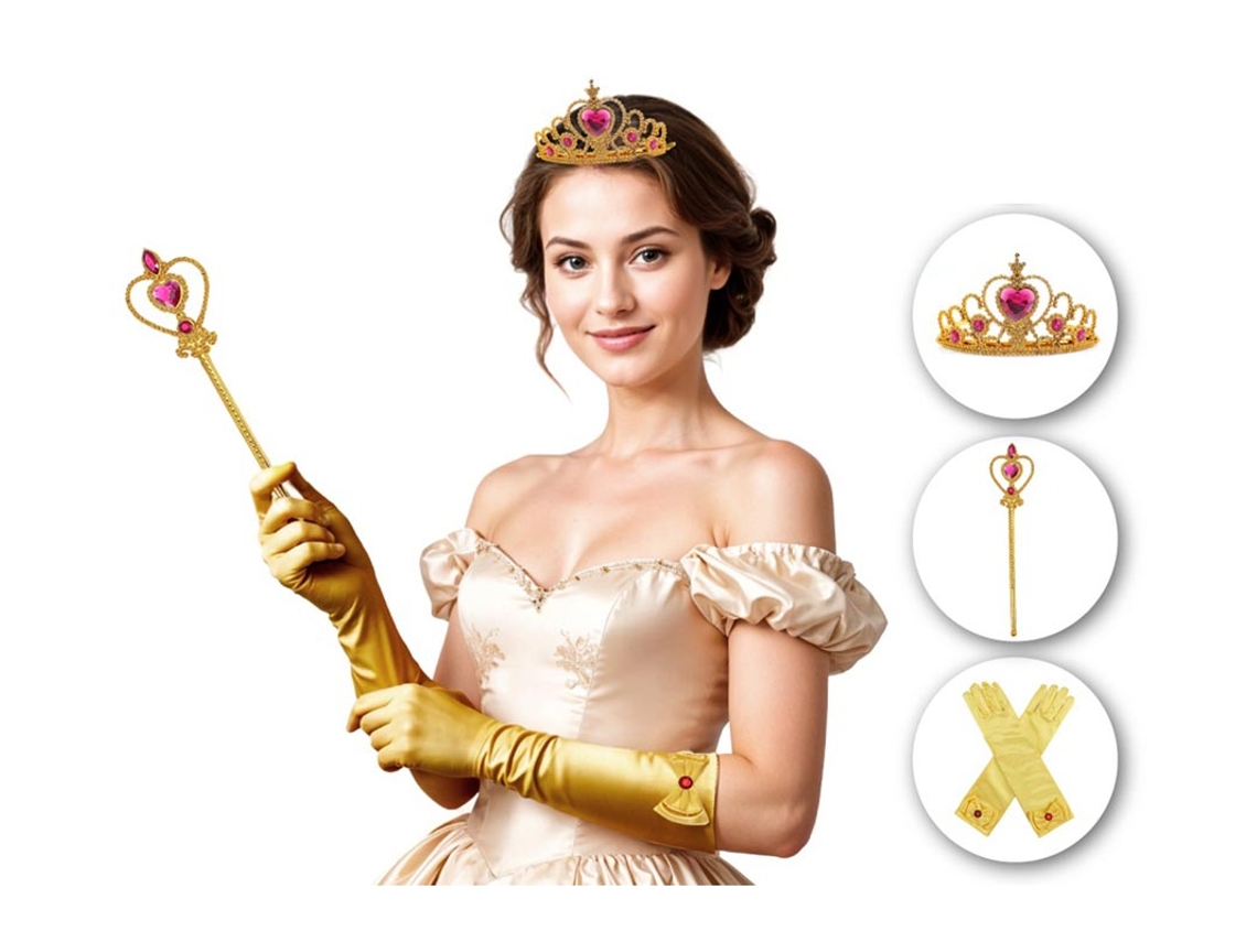 Kit Princesa Dourada Adulto Luvas, Coroa e Cetro