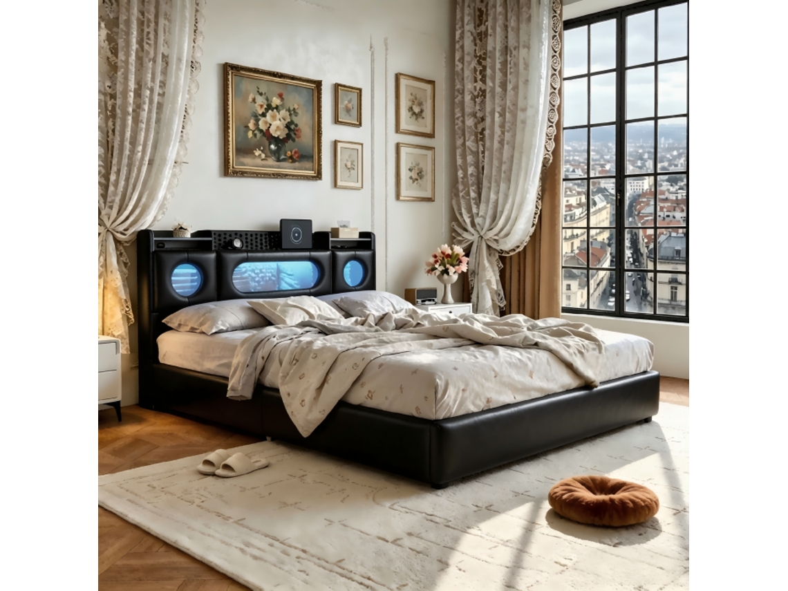 Cama com Armazenamento Hidráulico 140x200, LED, Cabeceira com Armazenamento, Sem Colchão | S/MARCA