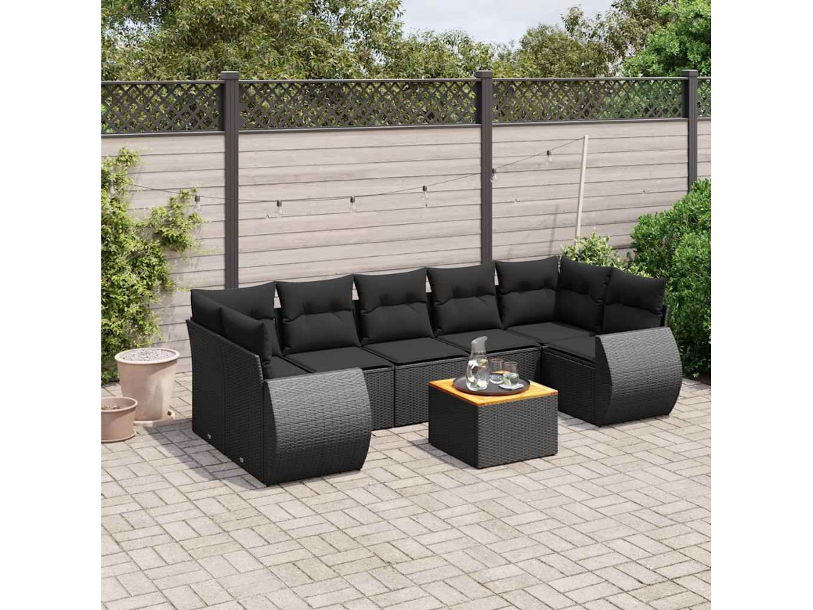 Vidaxl 8 Pcs Conjunto Sofás De Jardim Com Almofadões Vime Pe Preto