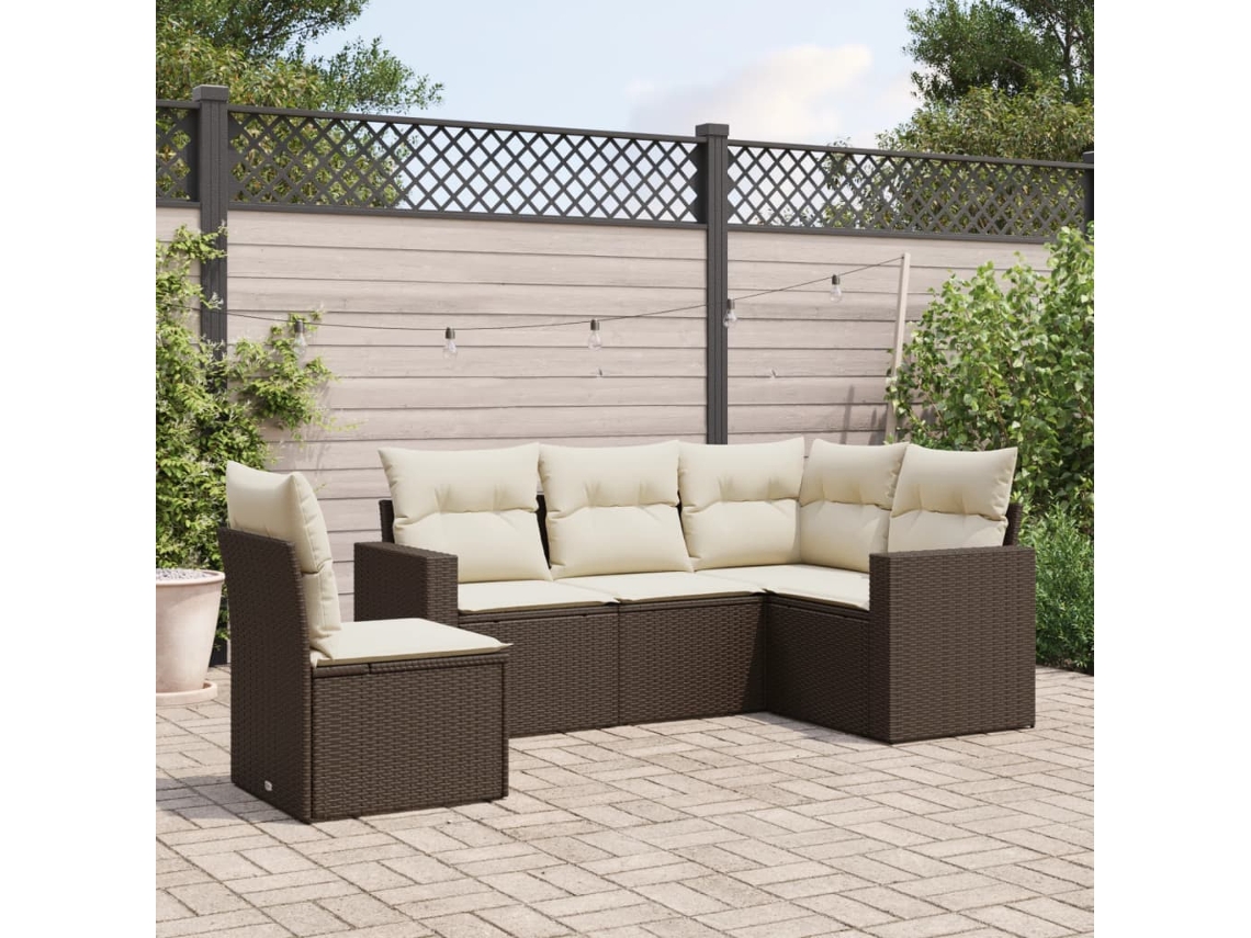 Vidaxl 5 Pcs Conjunto Sofás P/ Jardim C/ Almofadões Vime Pe Castanho
