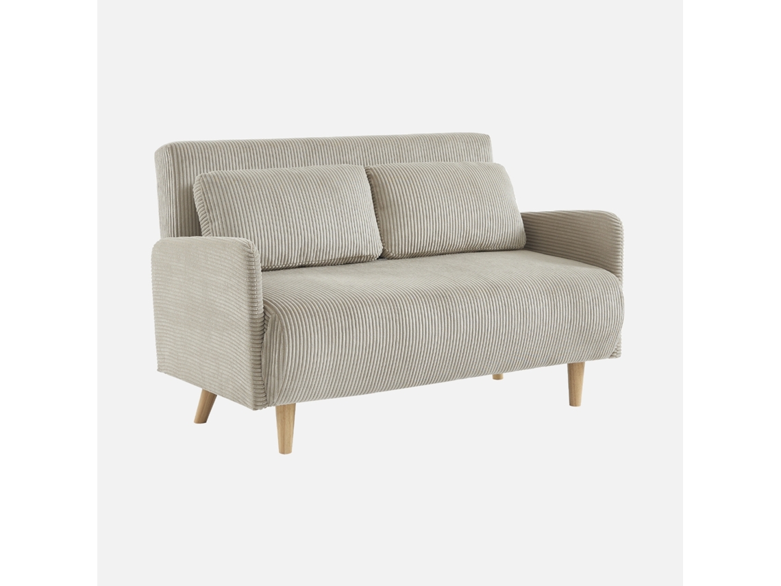 Sofá Cama Em Veludo Cotelê Com Pernas De Madeira De 2 Lugares, Beige Sweeek