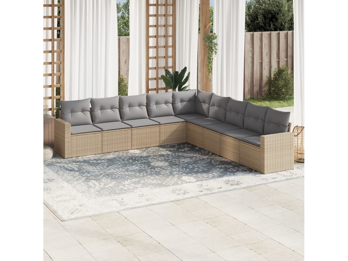 Vidaxl 9 Pcs Conjunto De Sofás P/ Jardim Com Almofadões Vime Pe Bege