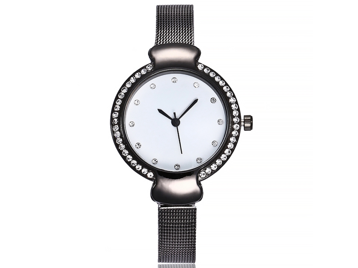 Relógio Feminino de Quartzo com Pulseira de Malha de Liga Vansvar Design Simples com Strass Preto