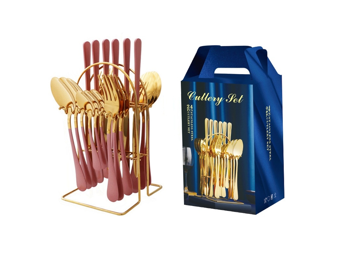 Conjunto De Talheres De Aço Inoxidável Com 24 Peças E Cabide Rosa Elysve