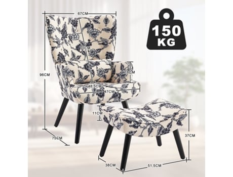 Poltrona Homemiyncom Almofada E Banco ( 76x65x94 Cm Linho Falso Estampa Preta/branca