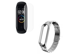 Kit Pulseira Bracelete Aço Stainless Lux Ferramenta Película Protectora Ecrã Gel Full Cover Xiaomi Mi Band 5 Cinza