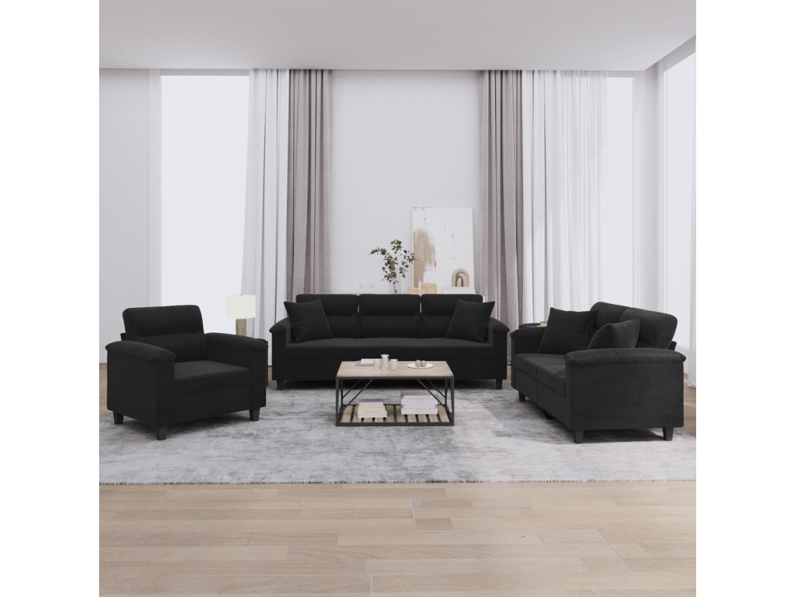Vidaxl 3 Pcs Conjunto Sofás C/ Almofadas Tecido De Microfibra Preto