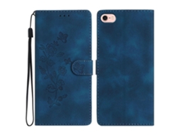 Capa De Couro Com Estampa De Flores E Alça De Pulso Para Iphone 16e - Azul