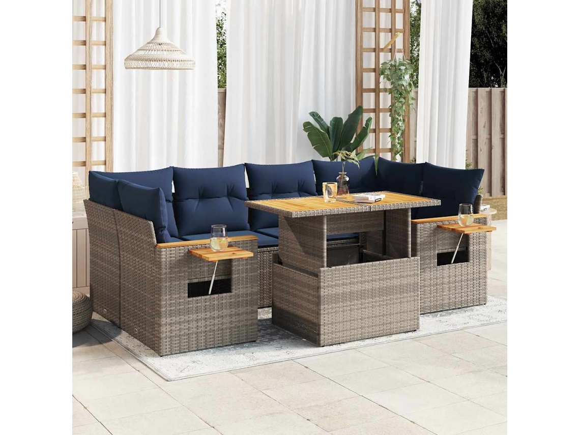 Vidaxl 7 Pcs Conjunto Sofás P/ Jardim C/ Almofadões Vime Pe Cinzento