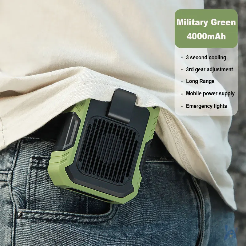 (verde) Ventilador De Cintura Portátil E Silencioso, Ventilador Com Clipe Para Esportes Ao Ar Livre, 3 Em 1: Power Bank E Luz De Emergência