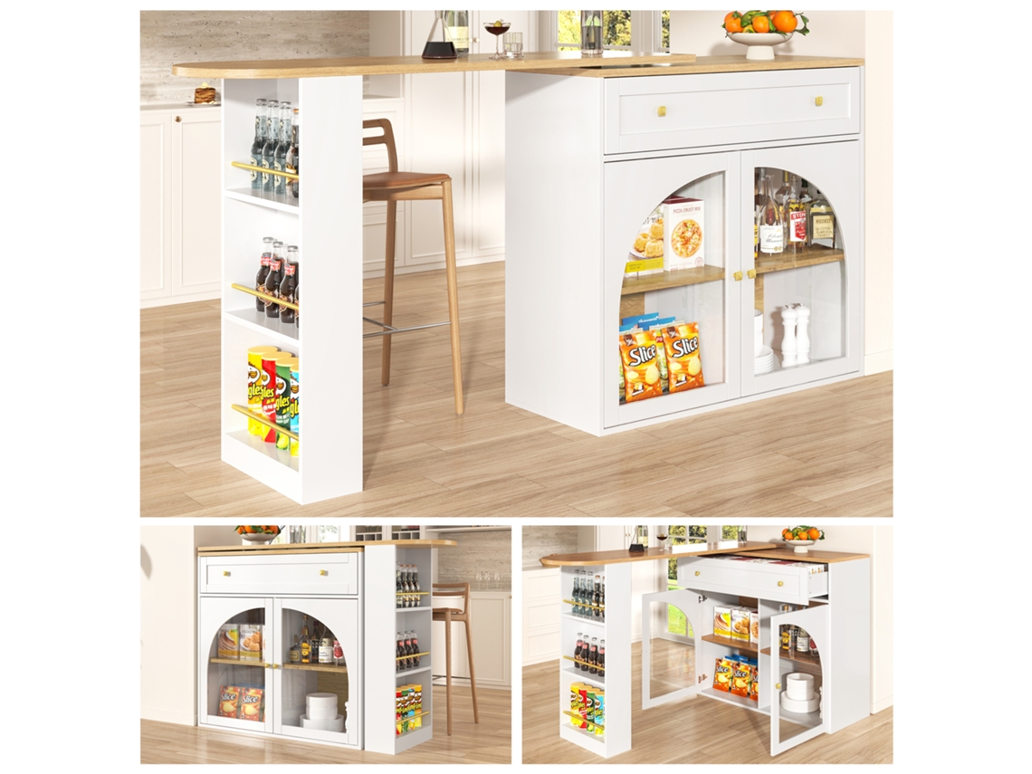 Mesa Bar Extensível Branca 138-204x39x104cm, Giratória 360°, Móvel, Bistrô, Prateleiras E Vidro. Ge