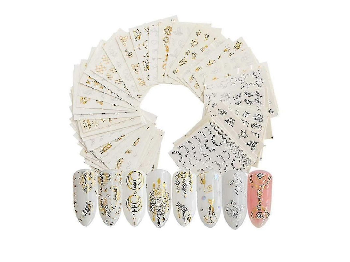 Adesivos de Arte de Unhas 30 Folhas Autoadesivos Ouro Prata Transferências com Strass e Paillettes Metálicas