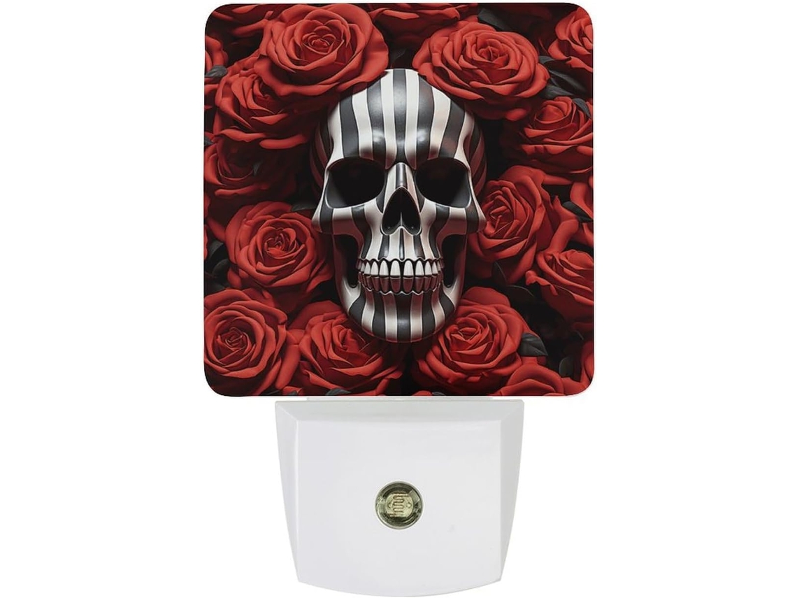 Luminária Noturna Com Design De Caveira Em Meio A Flores, Luminária Noturna Decorativa, Luminária Noturna Viagens