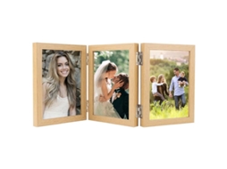 Porta-retratos dobrável com 3 molduras, cor madeira clara, 10x15 cm, presente ideal para a família com várias fotos.